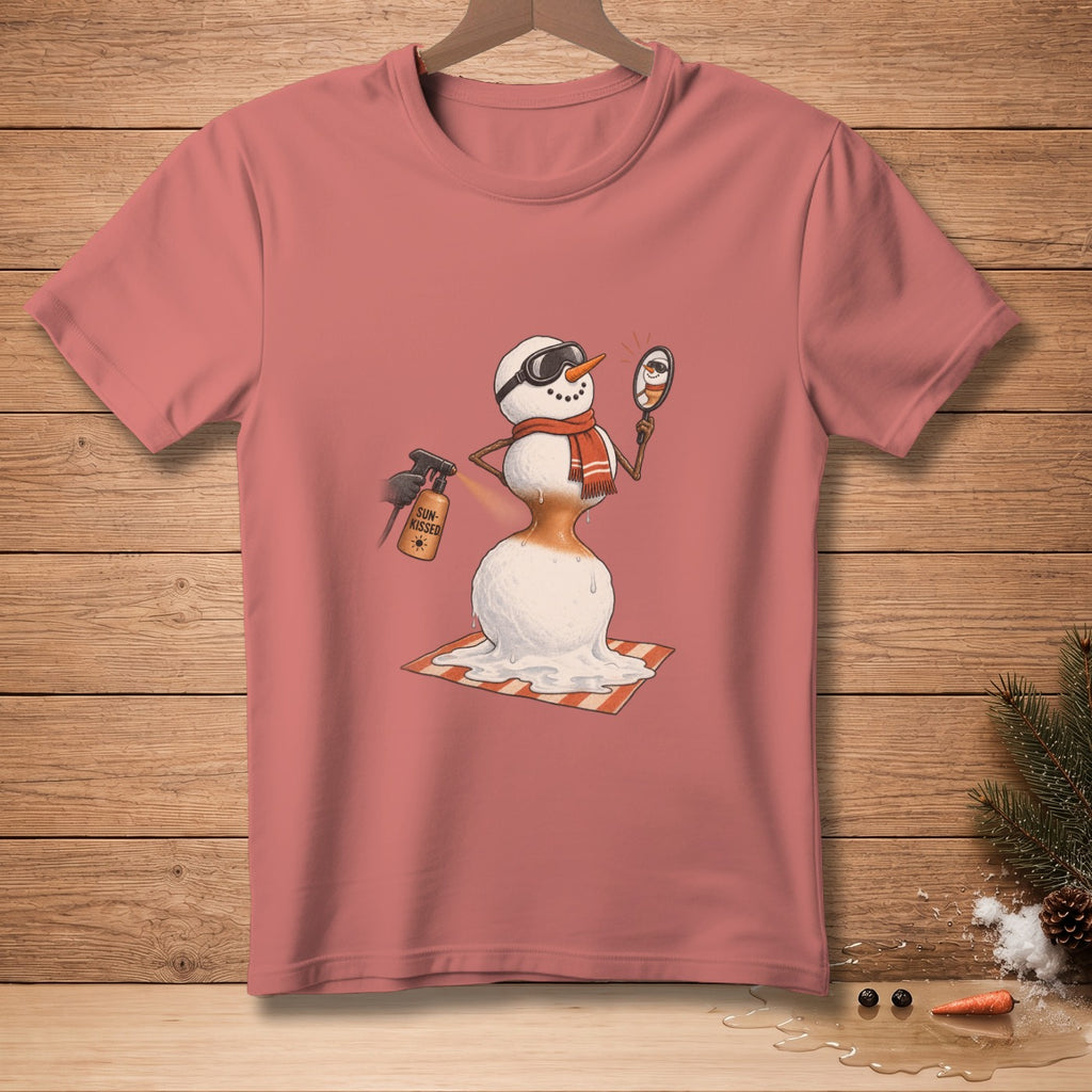 T-shirt graphic of a melting snowman applying "Sun-Kissed" spray tan.