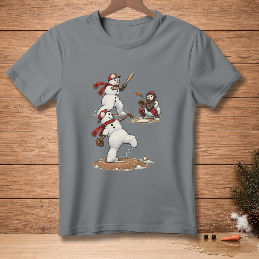 Snowmen playing baseball: pitcher, batter, and catcher on a dirt diamond.