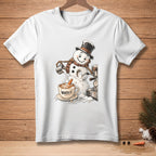 Melting snowman in a hat and scarf making coffee, "WORTH IT." text.