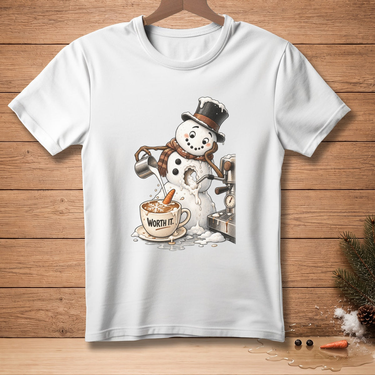 Melting snowman in a hat and scarf making coffee, "WORTH IT." text.