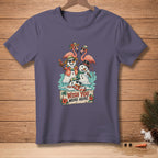T-shirt with snowmen and flamingos on vacation, reads "Wish You Were Here."