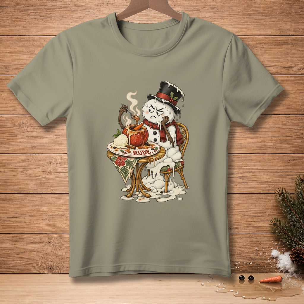 Melting snowman with a grumpy face eating from a bowl, text reads "RUDE".