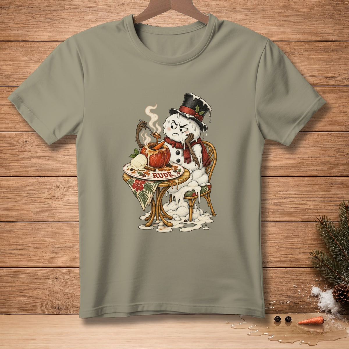 Melting snowman with a grumpy face eating from a bowl, text reads "RUDE".