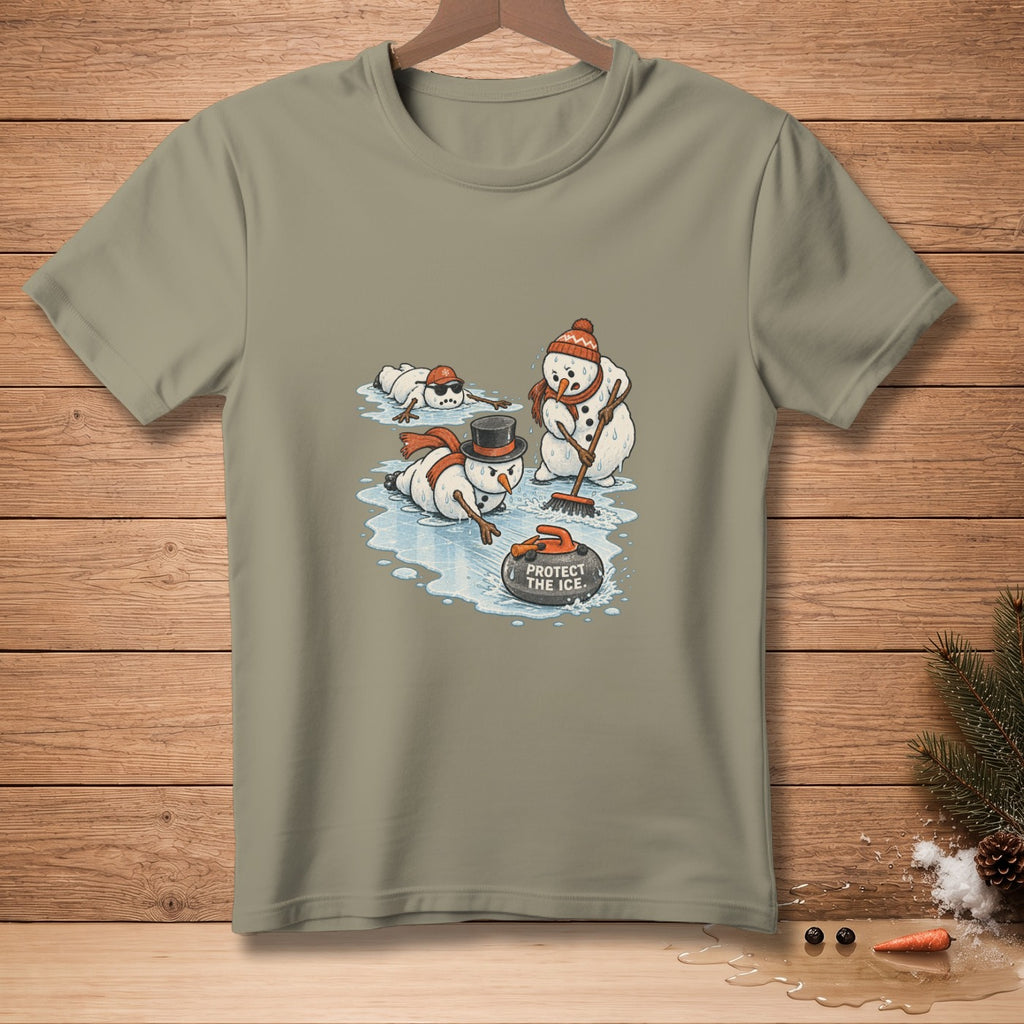 Snowmen playing curling, one sweeps while others melt on ice, text "PROTECT THE ICE."
