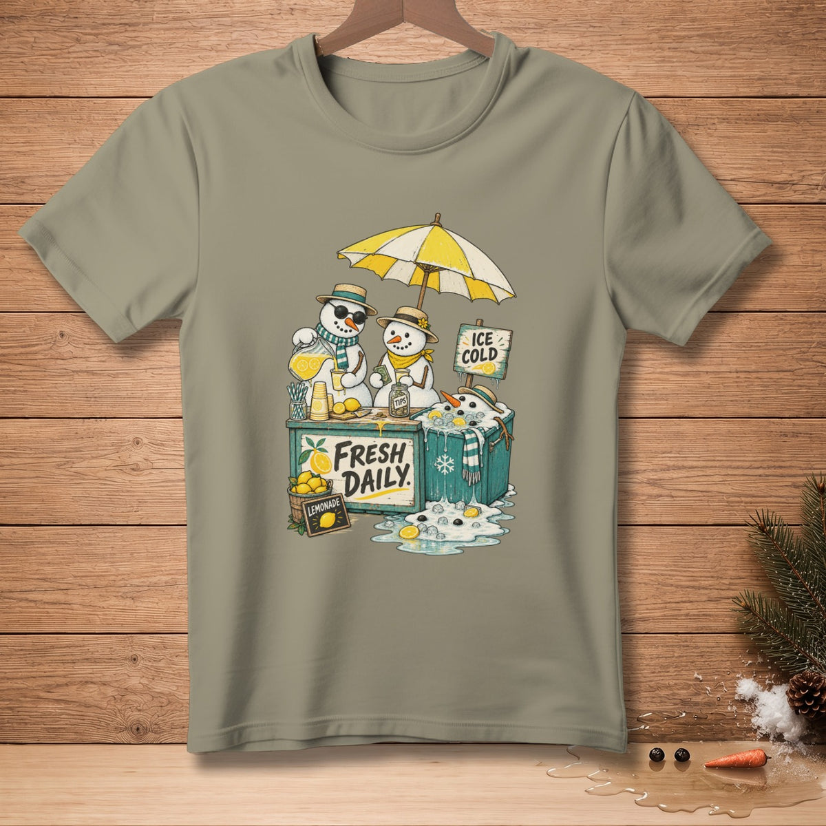 Two snowmen at a lemonade stand under a yellow and white umbrella.