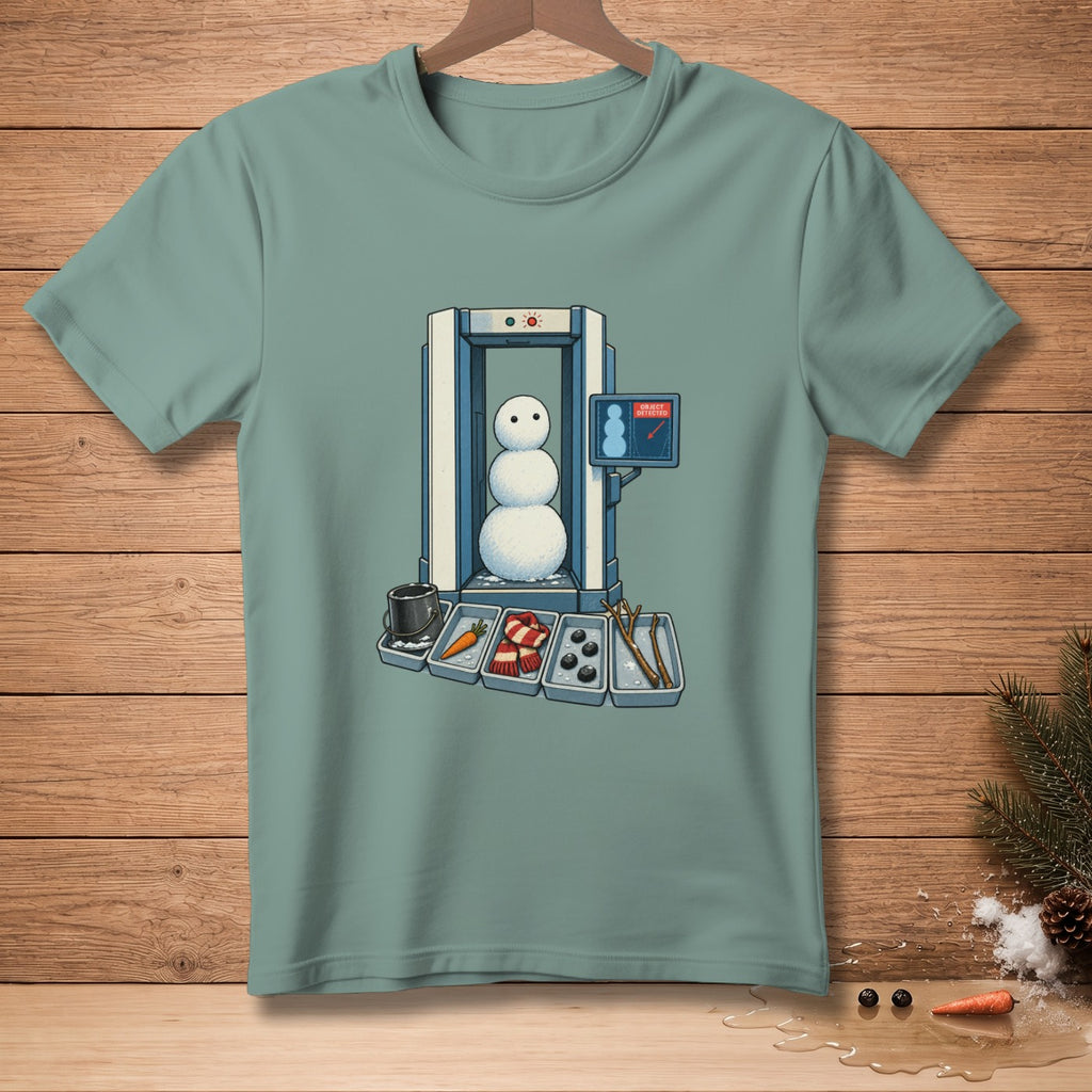 Snowman going through security scanner with snowman parts in trays.