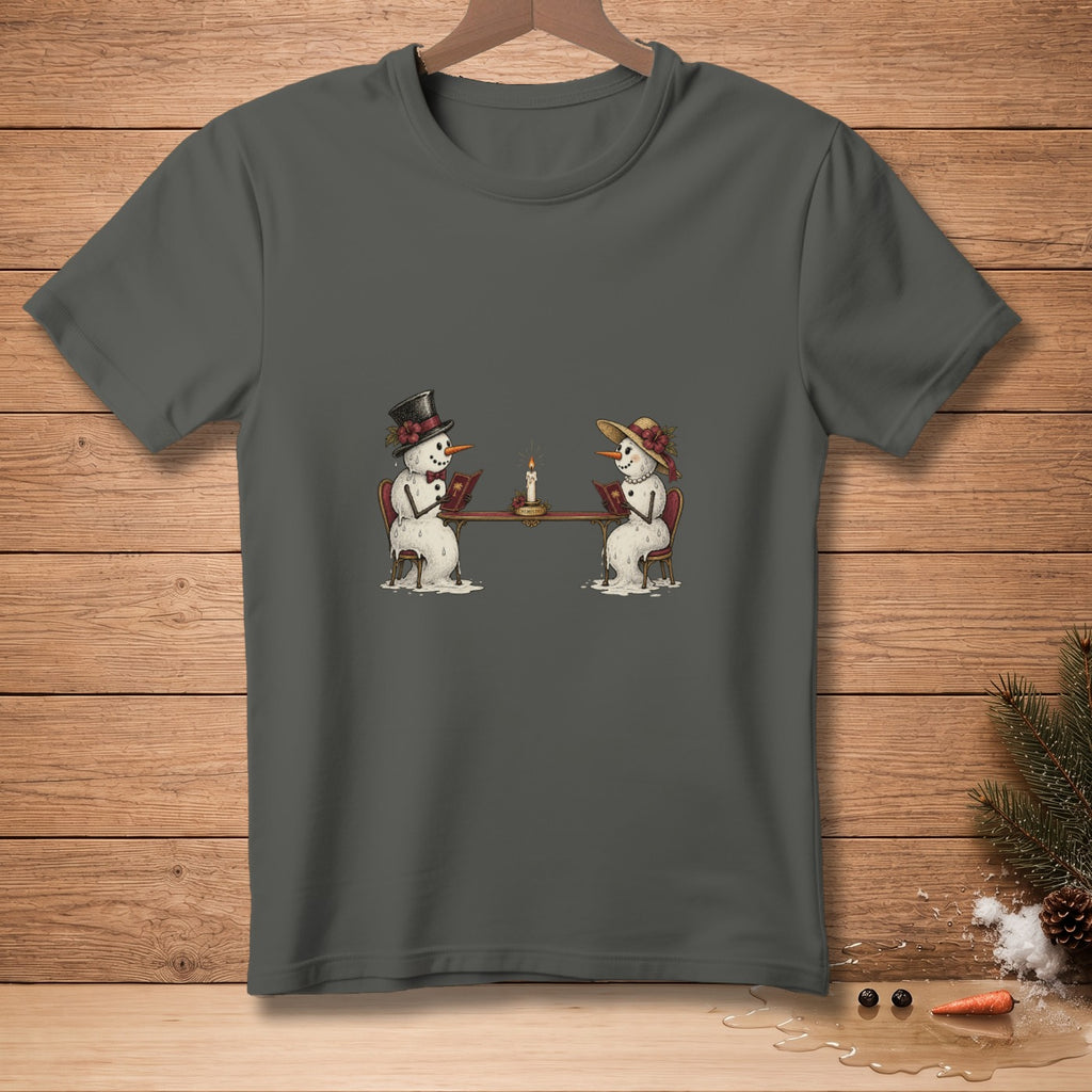 Two melting snowmen sitting at a table reading books by candlelight.