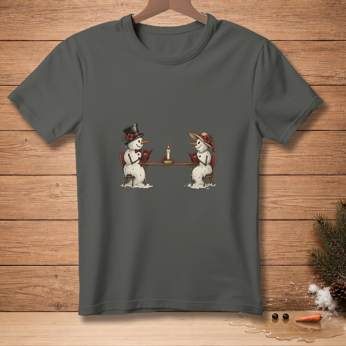 Two melting snowmen sitting at a table reading books by candlelight.
