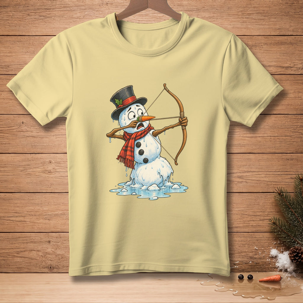 Melting snowman in a hat and scarf aiming a bow and arrow.