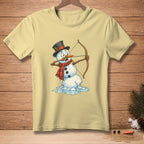 Melting snowman in a hat and scarf aiming a bow and arrow.