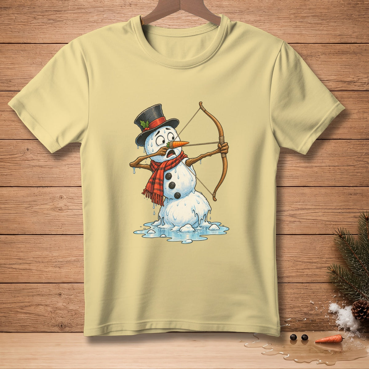Melting snowman in a hat and scarf aiming a bow and arrow.