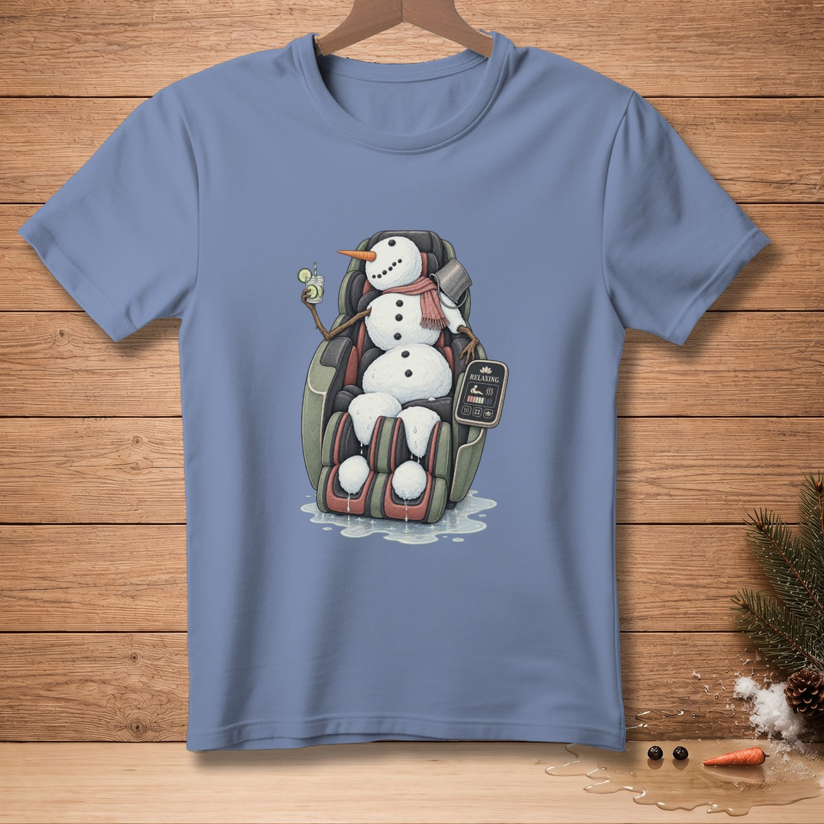 Snowman relaxing in a massage chair with a drink and control panel.