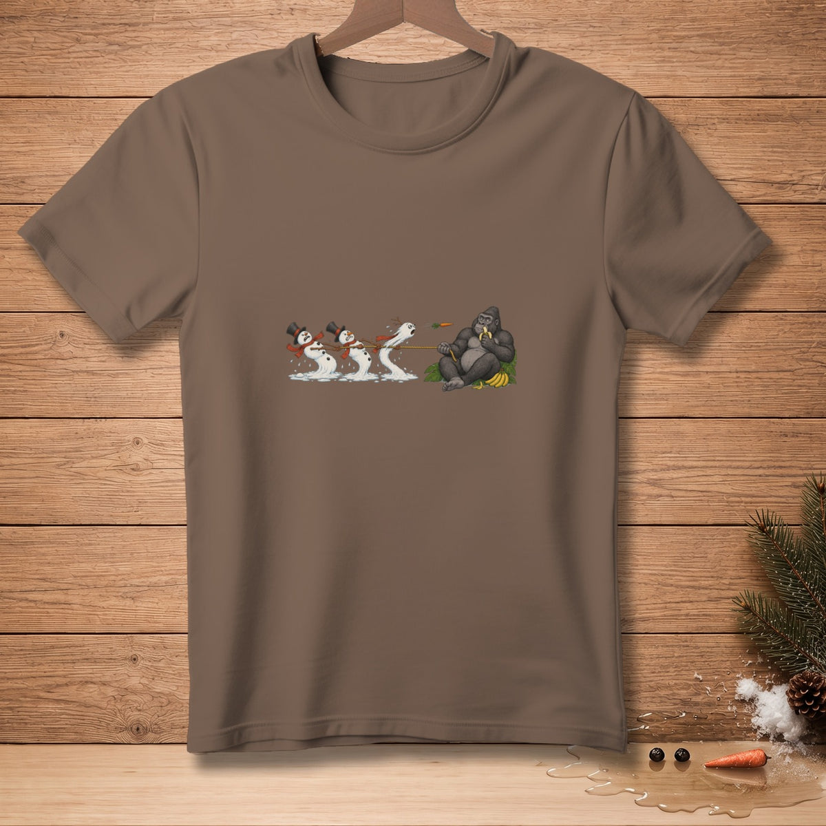Gorilla sitting with bananas pulling snowmen with carrots.