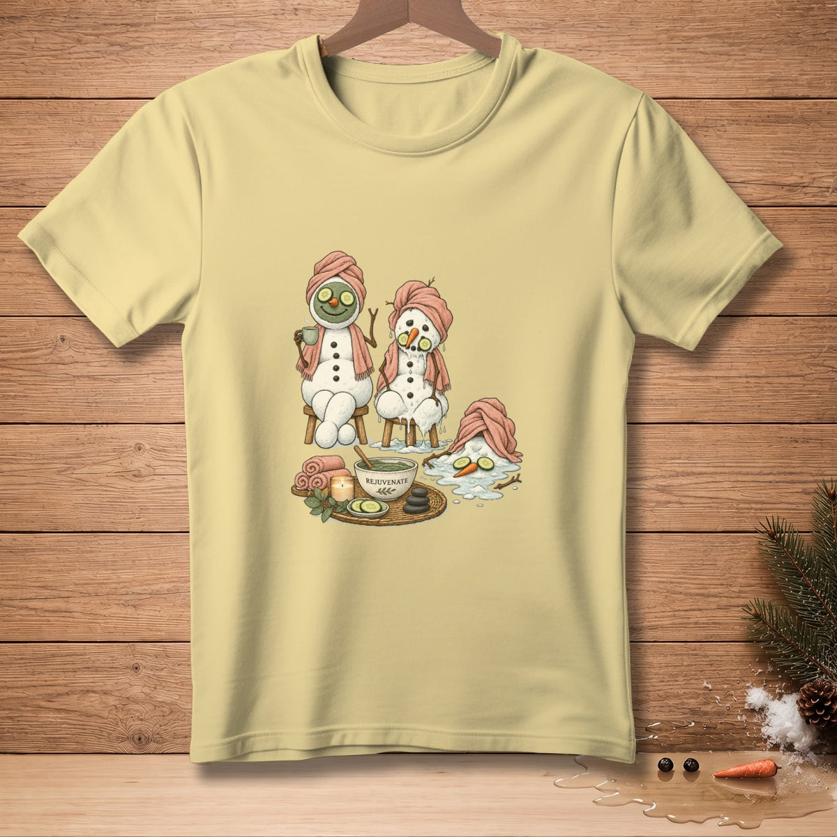 T-shirt with a humorous graphic of snowmen enjoying a spa day.