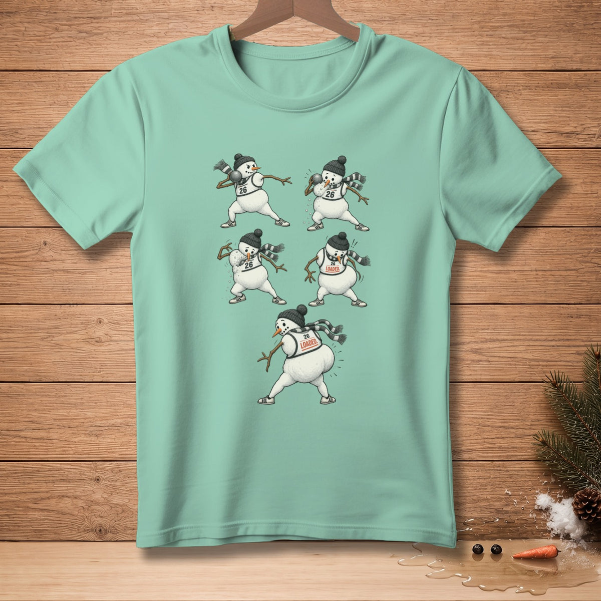 Snowmen in athletic poses, some with "26" or "26 LOADED" on their attire.