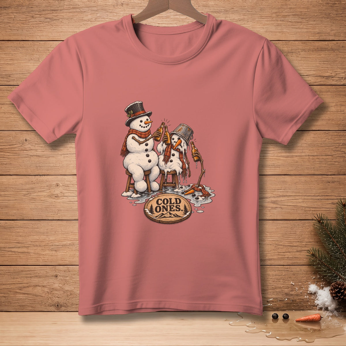 Two melting snowmen with bottles and a bucket, on a pink t-shirt.