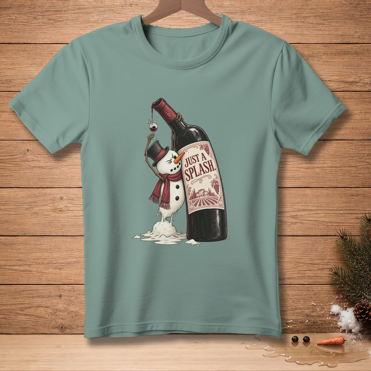 T-shirt graphic of a melting snowman with a wine bottle, text "JUST A SPLASH."