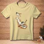 Snowman sliding into home base, labeled "SAFE", on a light yellow t-shirt.