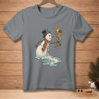 Melting snowman in hat and scarf drinks cocktail with "BAD IDEA" text.