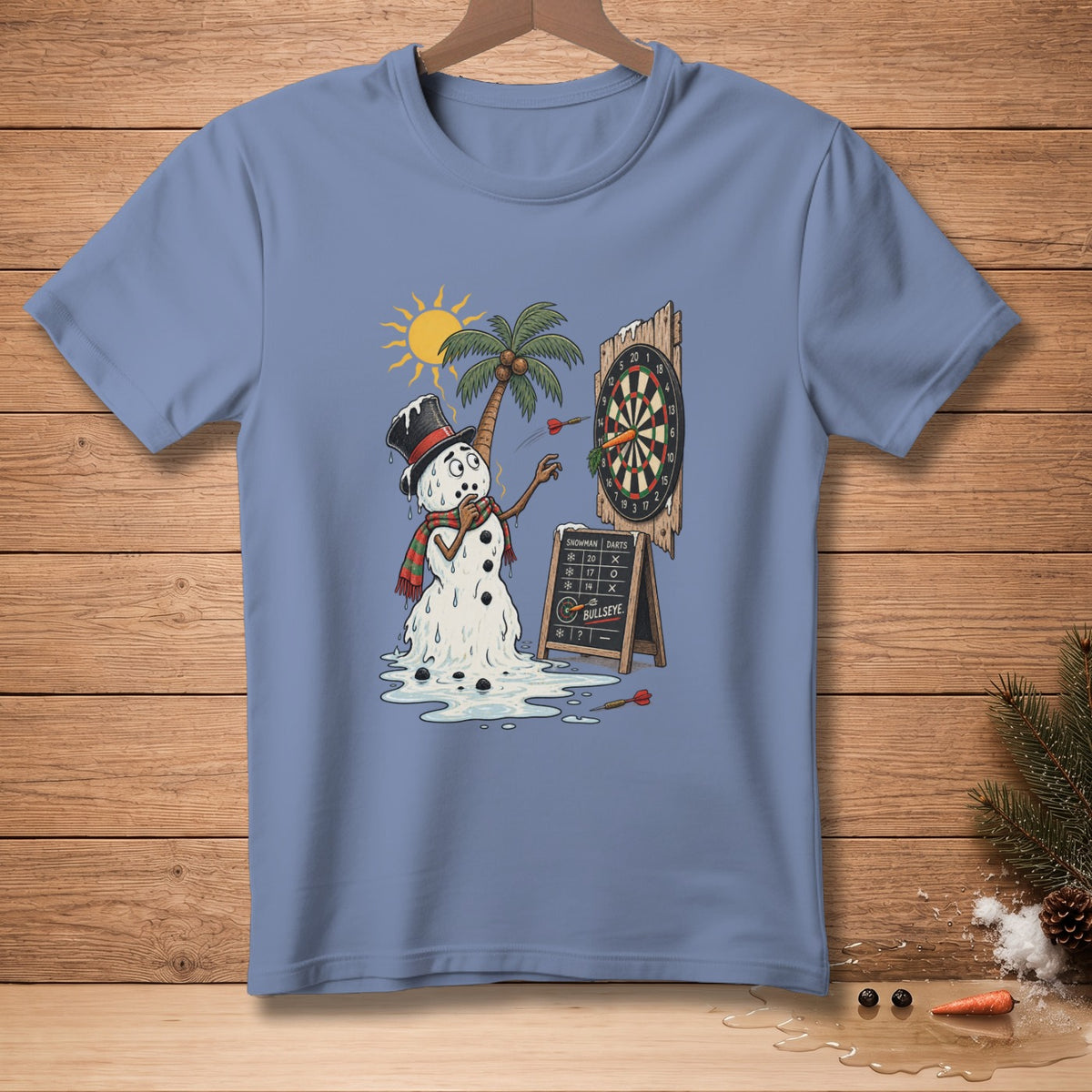 Melting snowman playing darts under a palm tree on a sunny day.