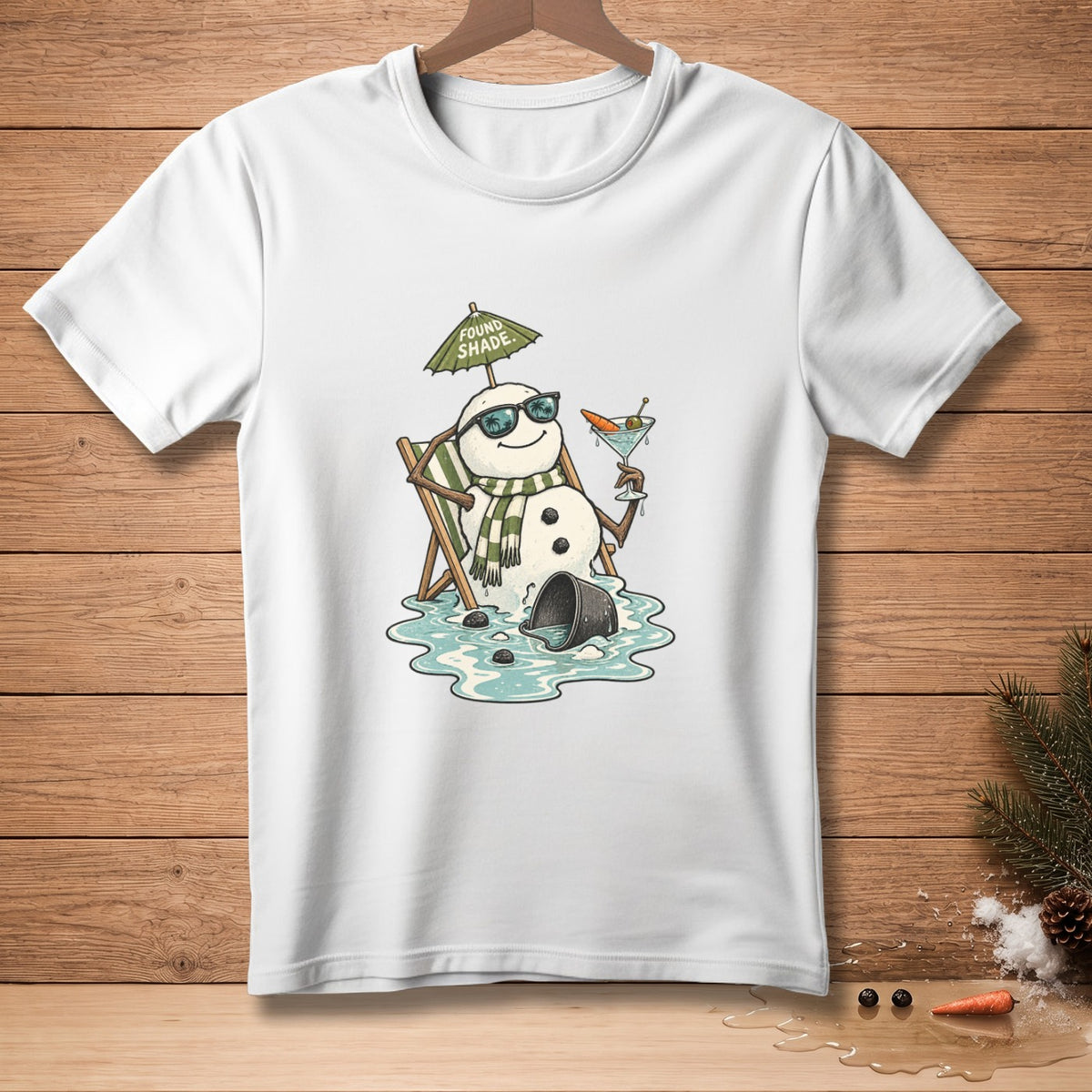 White t-shirt with a melting snowman wearing sunglasses and holding a martini.