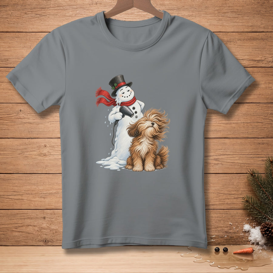 T-shirt with melting snowman using a hairdryer on a fluffy dog.