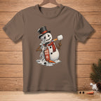 Melting snowman with a blowtorch and marshmallow on a brown t-shirt.