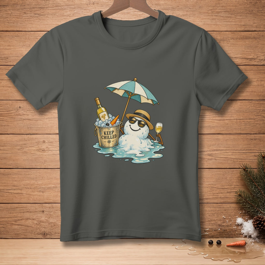 Melting snowman with sunglasses, umbrella, wine bucket, and glass.
