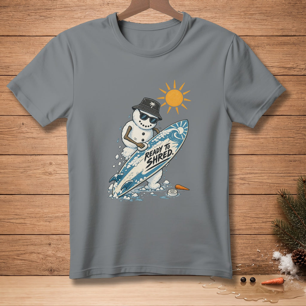 Snowman wearing sunglasses and a bucket hat holds a surfboard that reads "READY TO SHRED."