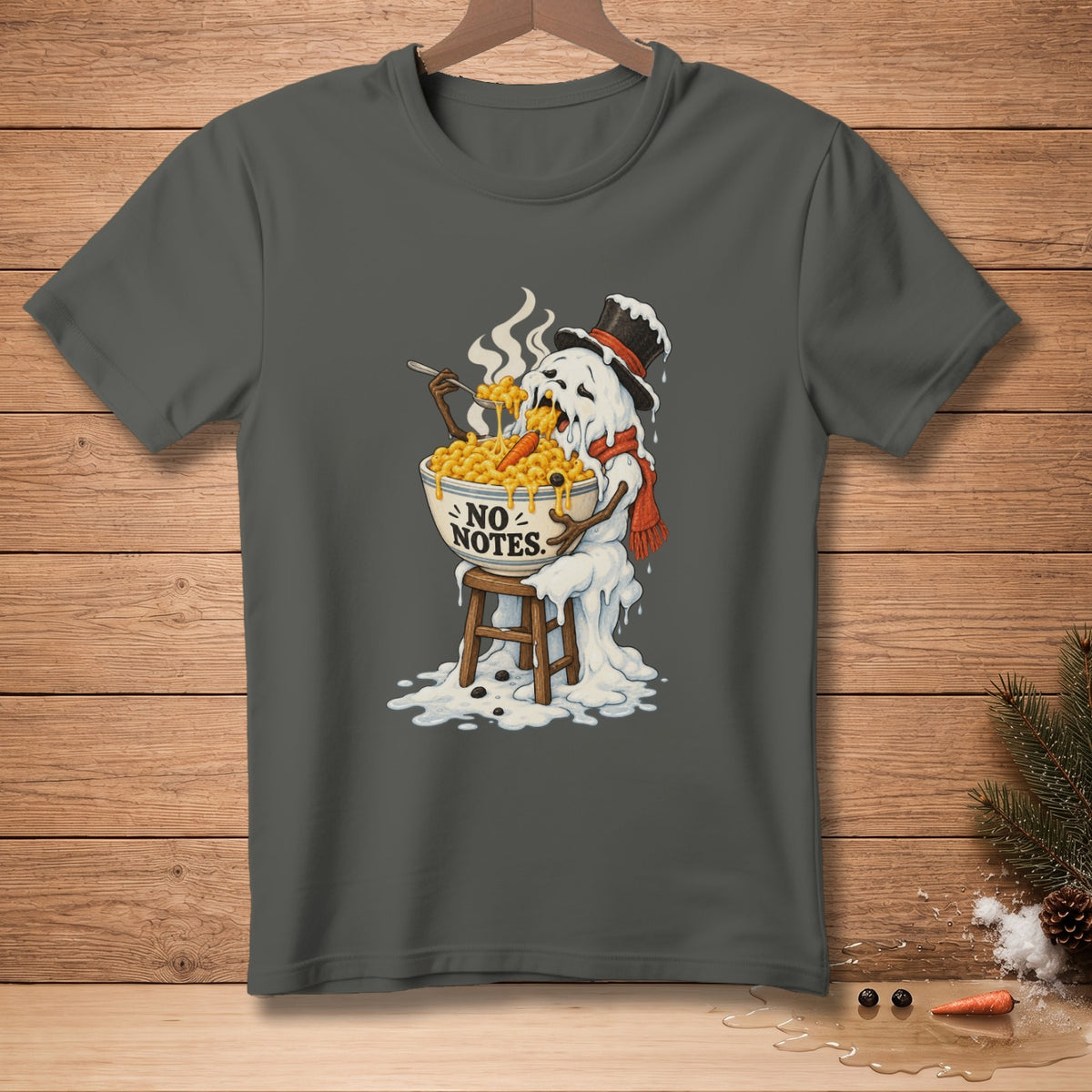 Melting snowman eating mac and cheese with "NO NOTES" text on the bowl.