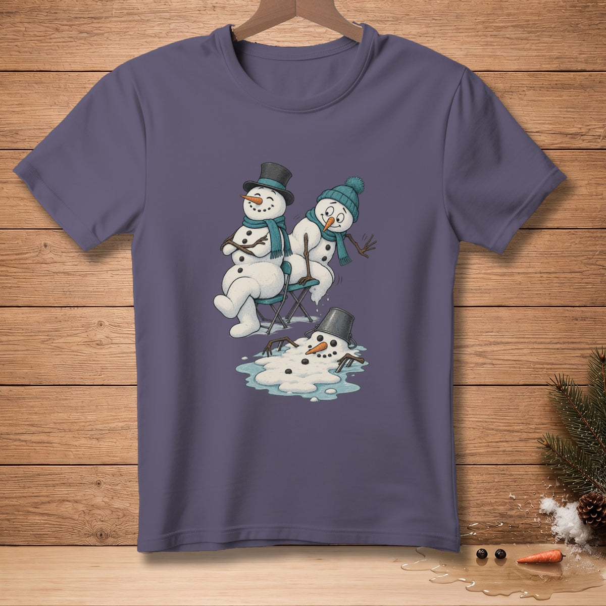 Three melting snowmen, one in a top hat, with a bucket on its head.