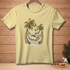 Snowman in a hammock with coconuts falling and monkey overhead.