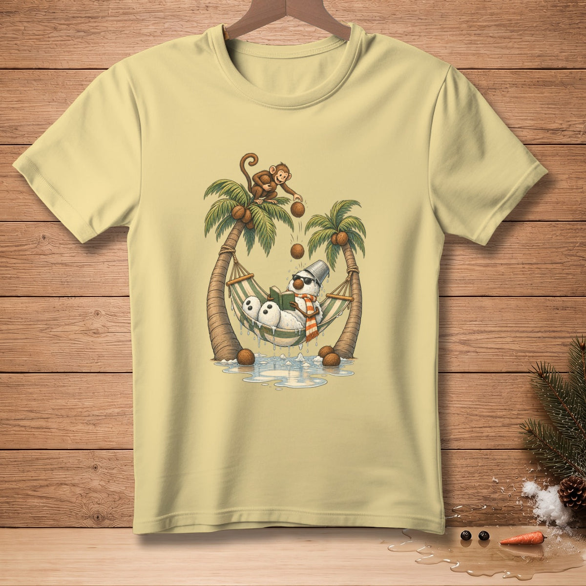 Snowman in a hammock with coconuts falling and monkey overhead.