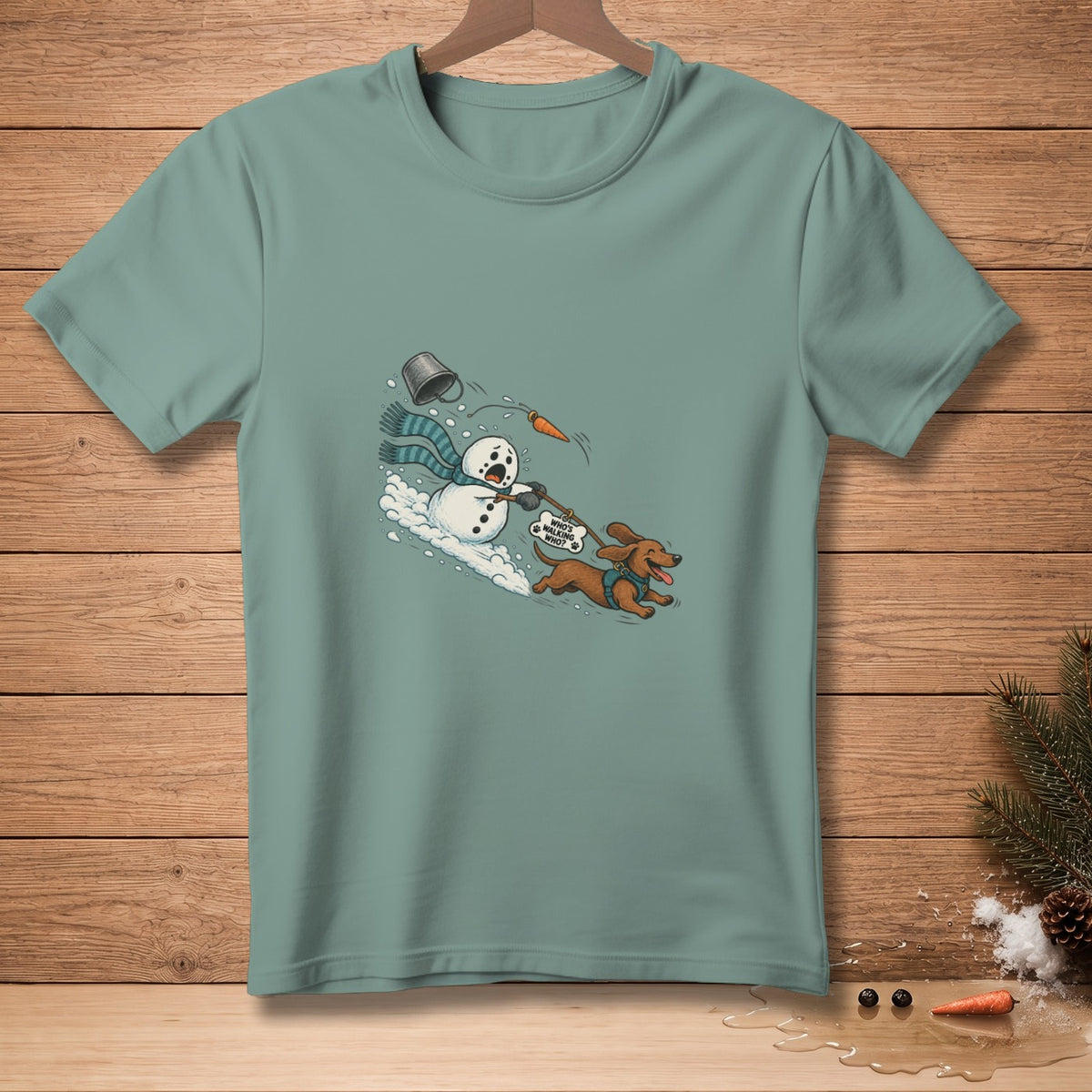 Dachshund walks a snowman with a carrot nose and "Who's Walking Who?" sign.