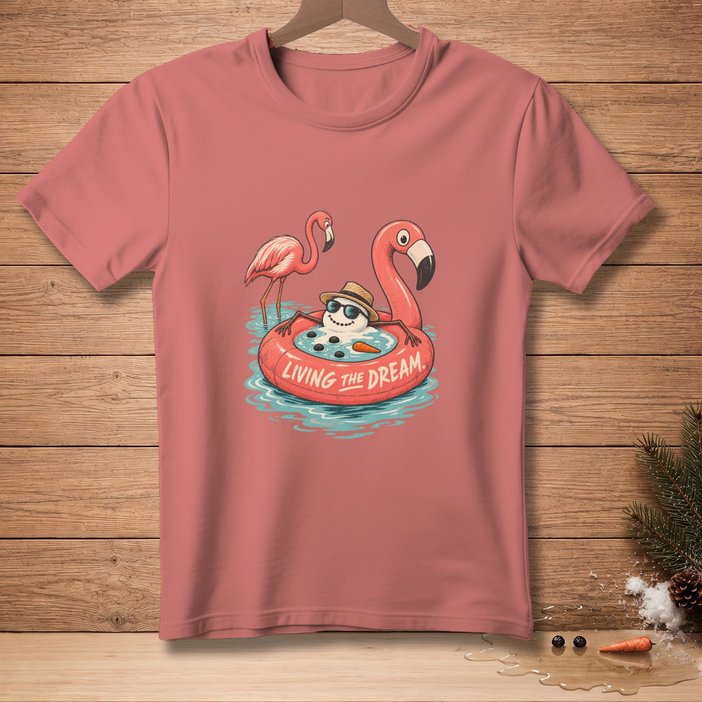 Salmon t-shirt featuring snowman in flamingo float with text "LIVING THE DREAM".