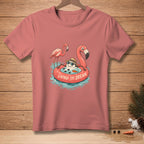 Salmon t-shirt featuring snowman in flamingo float with text "LIVING THE DREAM".