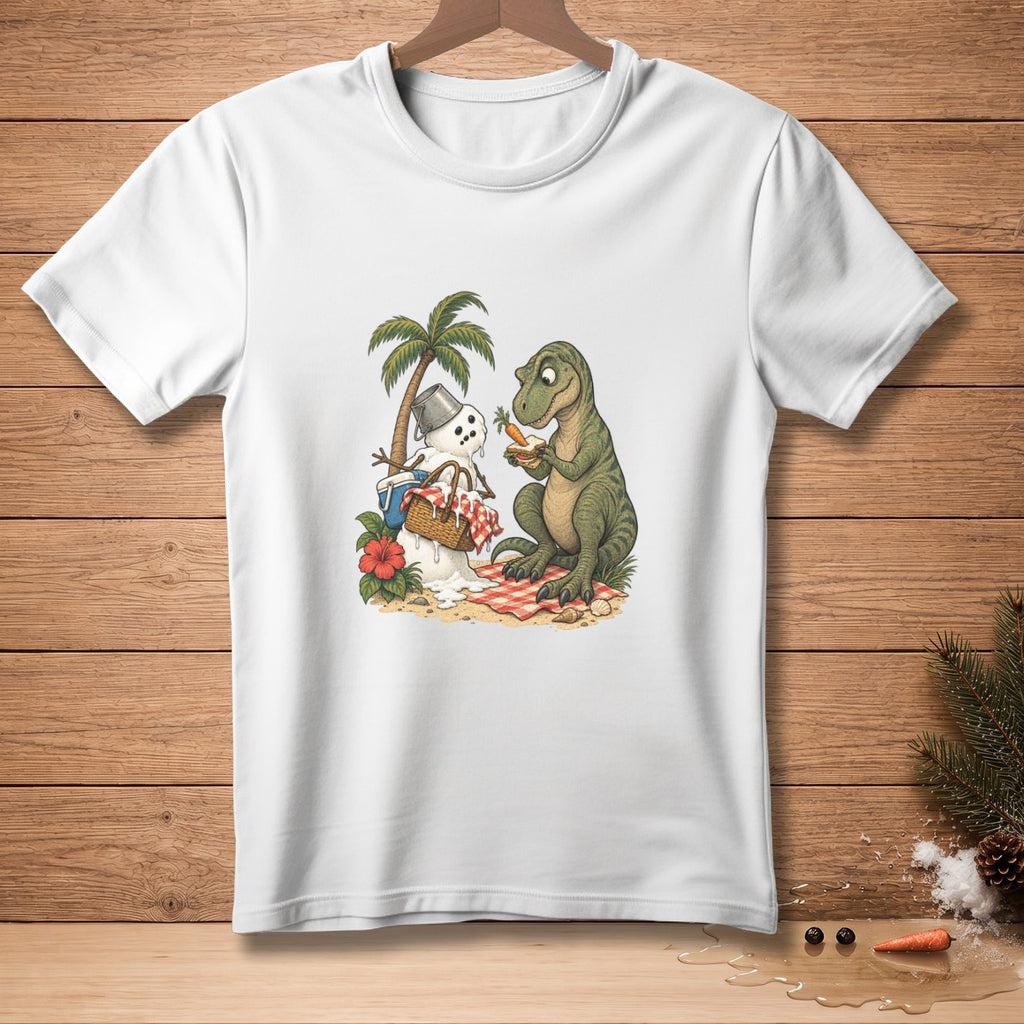 T-shirt with cartoon of dinosaur and melting snowman on a picnic.