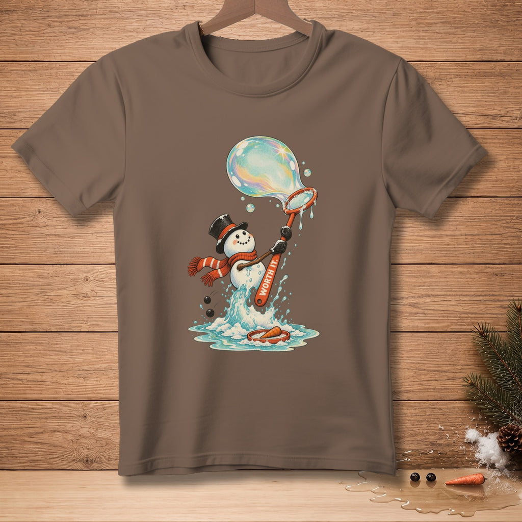 Snowman blowing a bubble with text "WORTH IT." on a brown t-shirt.
