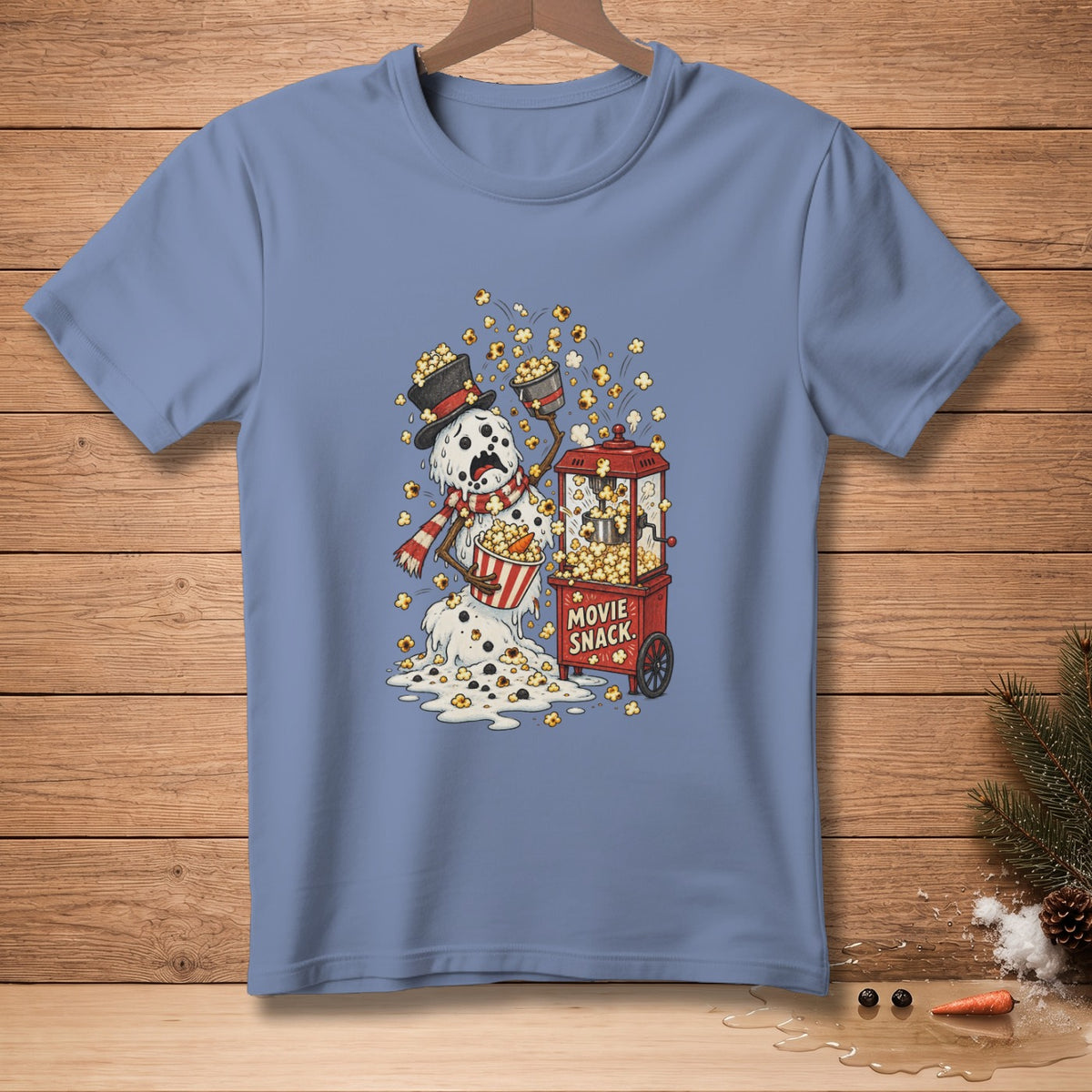 Melting snowman covered in popcorn with a popcorn machine and bucket.