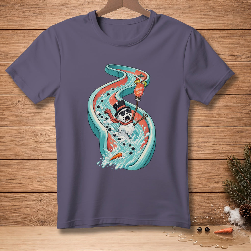 Snowman sliding down a water slide with a cocktail labeled "Priorities".