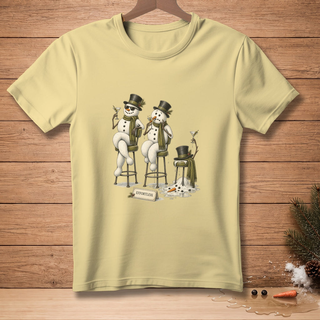 T-shirt with two snowmen sitting on stools drinking cocktails.