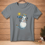 Snowman wearing sunglasses and a scarf, running under a hot sun.