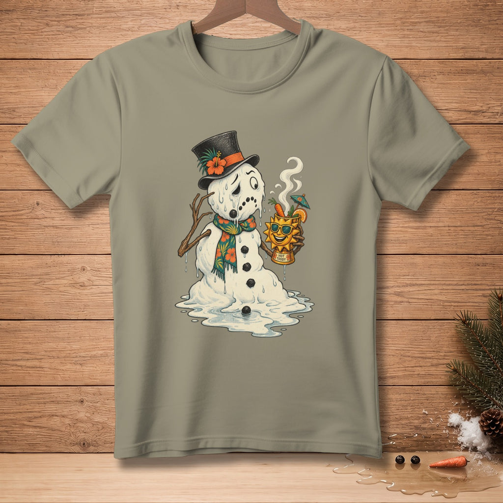 Melting snowman in a top hat and scarf holding a "Hot Toddy" drink with a sun.