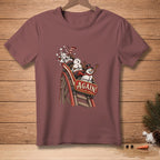 Snowmen in a roller coaster car with "AGAIN!" text on a maroon t-shirt.