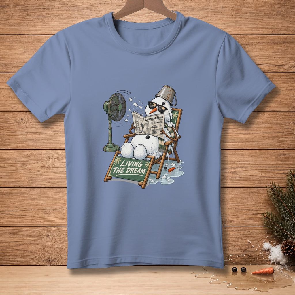 Snowman on beach chair reading "Retirement Times" and "Living The Dream."