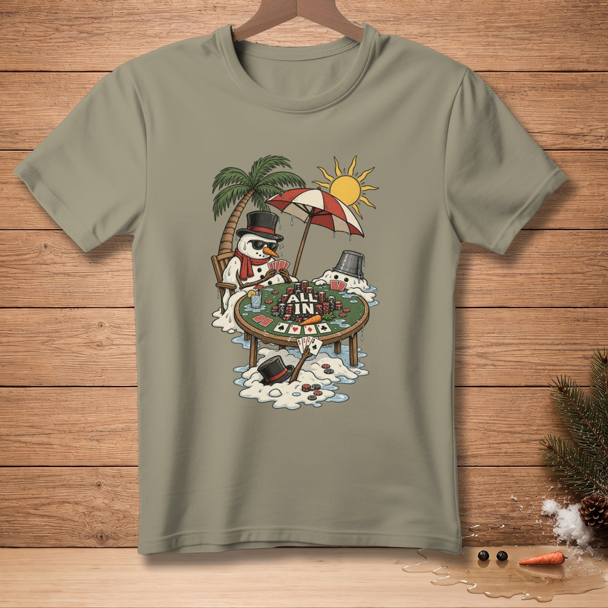 Snowmen playing poker on a beach under a palm tree, "All In" text on chips.