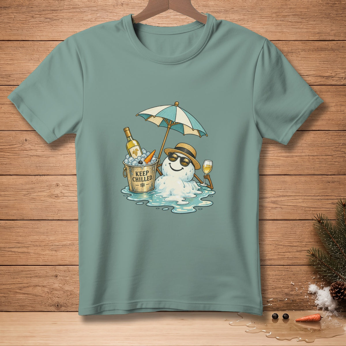 Melting snowman with sunglasses, umbrella, and wine bucket reading "KEEP CHILLED."