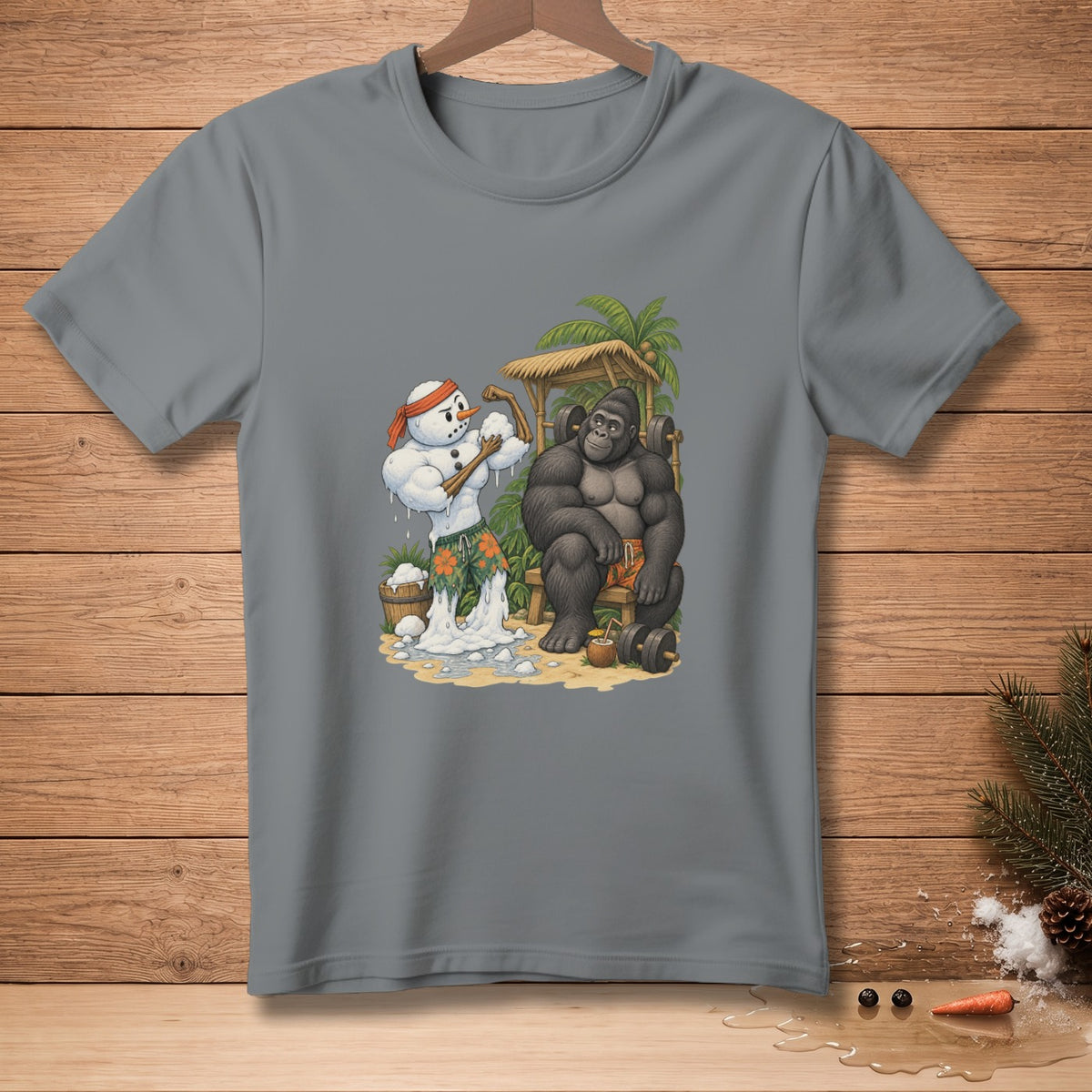 Muscular snowman and gorilla working out on a tropical beach.
