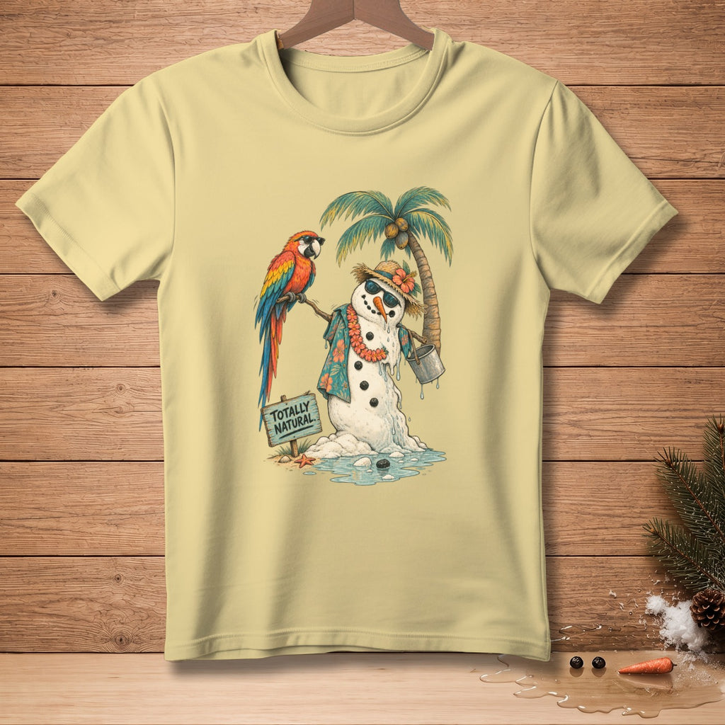 Melting snowman with parrot and palm tree, holding bucket, "TOTALLY NATURAL" sign.