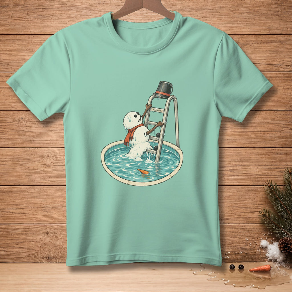 Melting snowman on a ladder climbing into a pool, with text "ALMOST".